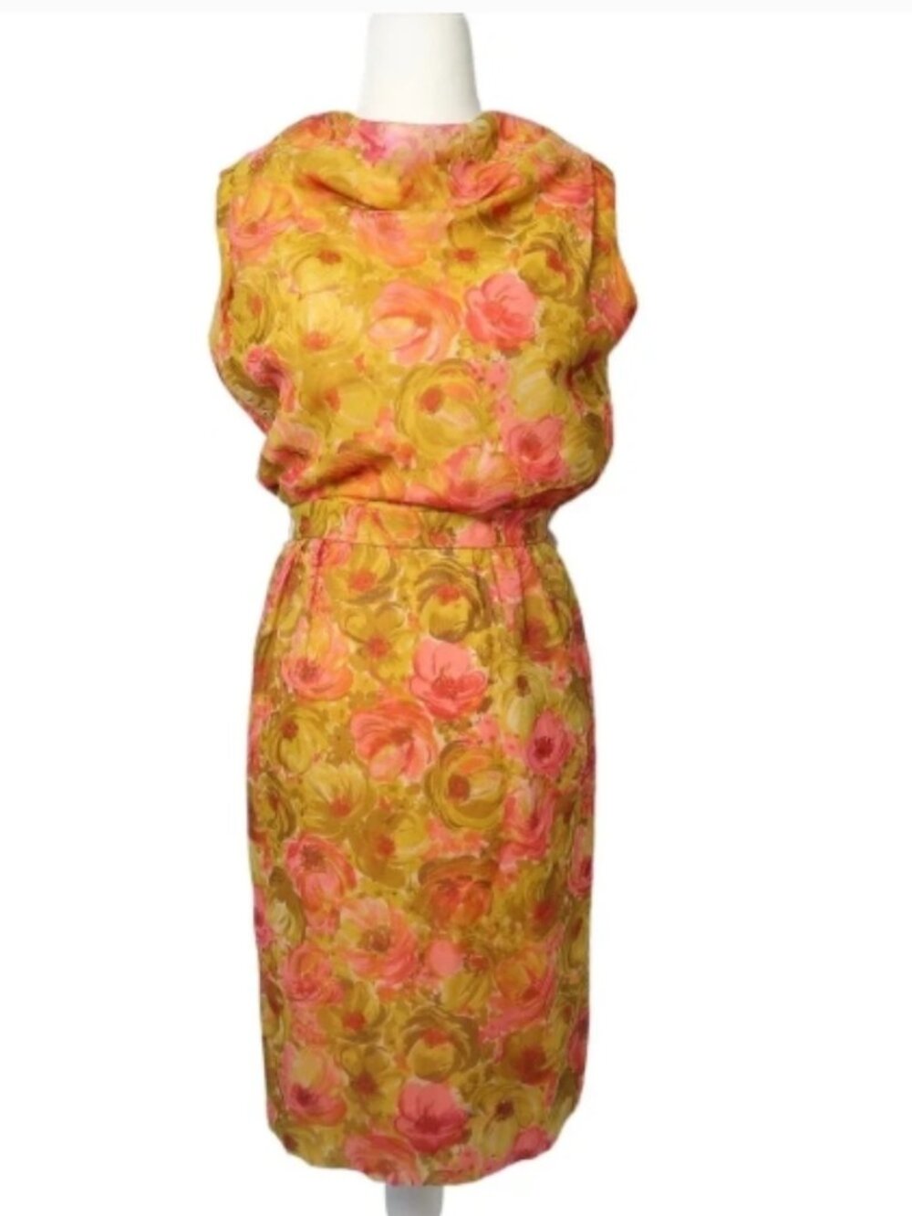 Vintage 1960s Suzy Perette Chartreuse Pink Floral Silk Cowl Neck Dress